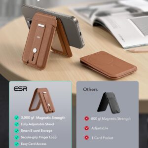ESR Portafoglio MagSafe, Conserva 5 carte, Supporto Regolabile, Presa Sicura con Passante per le Dita, Portacarte per iPhone 16/15/14/13/12, Non per iPhone mini, Non compatibile con Dov’è, Marrone
