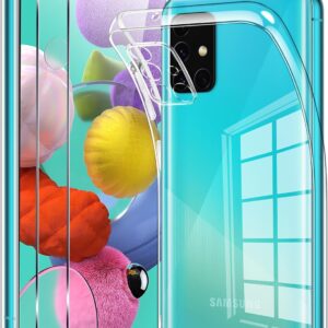 Votvloay Trasparente Cover per Samsung Galaxy A51 4G 6,5″ con 2 Vetro Temperato, Custodia Chiaro con 2 Pellicola Proteggi Schermo, Sottile Silicone TPU Antiurto Case Protettivo per Samsung A51 4G