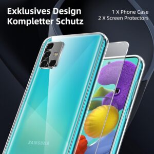 Votvloay Trasparente Cover per Samsung Galaxy A51 4G 6,5″ con 2 Vetro Temperato, Custodia Chiaro con 2 Pellicola Proteggi Schermo, Sottile Silicone TPU Antiurto Case Protettivo per Samsung A51 4G