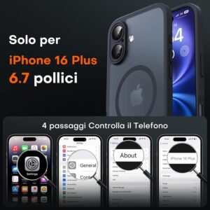 TOCOL 3 in 1 Cover Magnetica per iPhone 16 Plus 6,7 Pollic, con 2 Vetro Temperato, Compatibile con MagSafe [Protezione Fotocamera Integrata] Custodia Antiurto Traslucida Opaca, Nero
