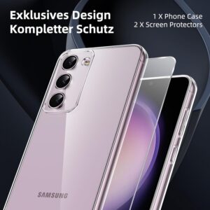 Votvloay Cover per Samsung Galaxy S23 5G con 2 Pezzi Pellicola Vetro Temperato, Ultra Sottile Morbido TPU Trasparente Silicone Custodia Antiurto AntiGraffio Bumper Protettiva Case per Samsung S23 6,1″