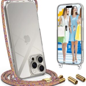 UYMO Trasparente Cover con cordino per iPhone 16 Pro,Custodia con Laccio Collana Tracolla Regolabile catena Case,Arcobaleno