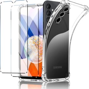 New&Teck Cover per Samsung Galaxy A14 4G/5G + 2 vetro temperato proteggi schermo, custodia in silicone TPU morbido, bumper con angoli rinforzati, protezione chiara
