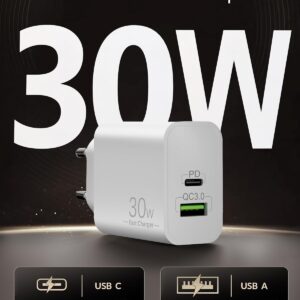 30W 2-Porto USB C/A Caricatore per Samsung Galaxy S25 S24 S23 S22 S21 Ultra FE 5G S20 A55 A54 A53 A35 A25 A15 A13, Note 20 10, Tab A9 S8 S9, Caricabatterie USBC Rapido Tipo C PD+QC Presa Alimentatore