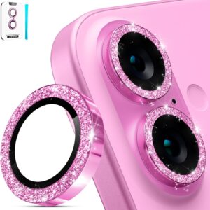 imluckies Glitter Pellicola Fotocamera per iPhone 16 – iPhone 16 Plus, AR+AF Vetro Temperato & 9H Antigraffio Metallo Protezione Obiettivo, HD Chiaro Fotocamera Accessori – Brillante Rosa