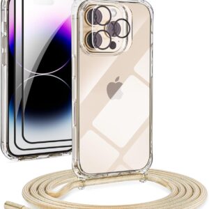 DiDaDi Cover iPhone 16 Pro Trasparente con Cordino, Custodia con Regolabile Collana, Coque iphone 16 Pro Avec Cordon, Antiurto Trasparente Custodia con Laccio Case con Laccio Tracolla, D’oro