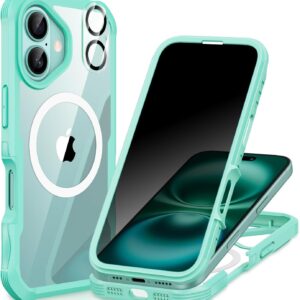 CENHUFO Magnetica Privacy Cover iPhone 16, [Compatibile con Magsafe] Integrata Vetro Temperato Anti Spia Schermo e Protezione Fotocamera, Custodia Antiurto 360 Gradi Rugged Doppia Faccia Case -Verde
