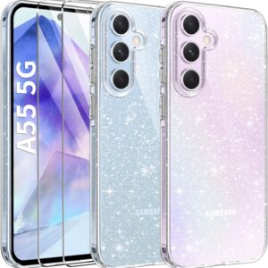 AROYI 3 in 1 Cover Compatibile con Samsung Galaxy A55 5G, Custodia Glitter Silicone Morbido TPU Protezione Case con 2 Pellicola Protettiva in Vetro Temperato, Trasparente Glitter Protettiva Cover