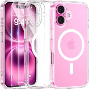 FLLAO Cover Magnetica per iPhone 16 Custodia e 2 Pellicole in Vetro Temperato, Cover iPhone 16 Compatibile con Magsafe, Traslucida Opaca Posteriore Sottile Antiurto Protettiva Case, Trasparente