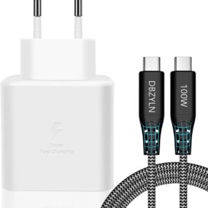 DBZYLN Caricatore 45W per Samsung Galaxy S24,S23,S22 Ultra,S24+ S23+,S22+,S21,S20,A54,Galaxy Tab S8 Ultra Caricabatterie Tipo C Ricarica Rapida USB C Carica Alimentatore con Cavo in Nylon – Bianco