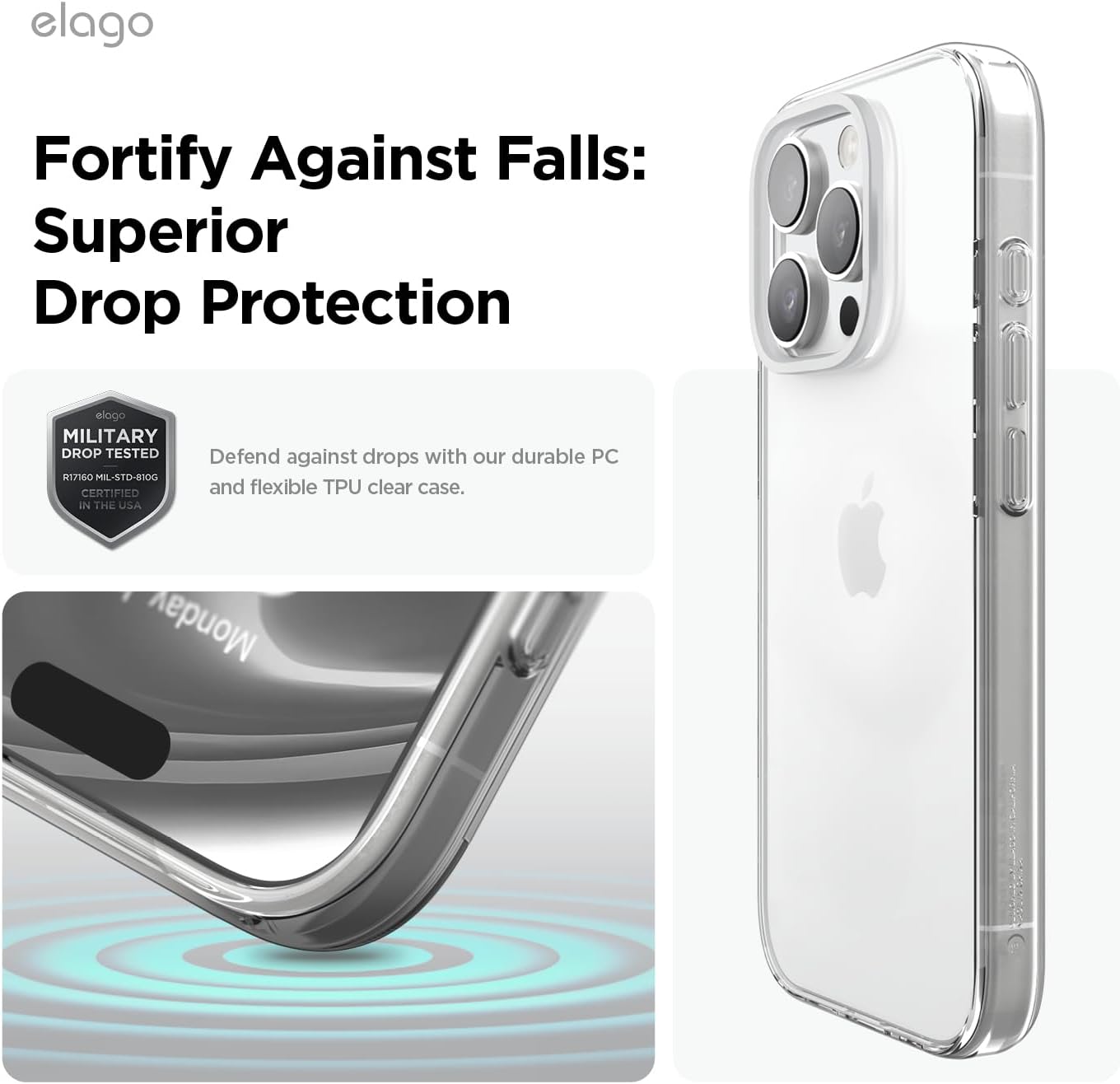 elago Cover Trasparente Ibrida Clear Compatibile con iPhone 16 Pro Cover 6.3" - Tecnologia Ibrida PC + TPU, Paraurti Antiurto, Protezione della Fotocamera Rialzata, Resistente ai Graffi (Clear) - immagine 7