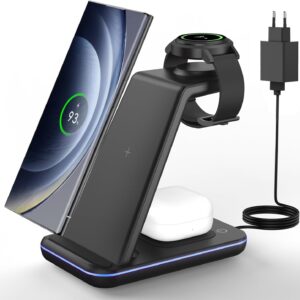 JoyGeek Caricatore Wireless per Samsung, Stazione Ricarica 3 in 1 per Samsung S25/S24/S23/S22/ZFlip/Fold, Caricabatterie Wireless per Galaxy Watch Ultra/7/6/5/4/3, Base Ricarica per Galaxy Buds-Nero