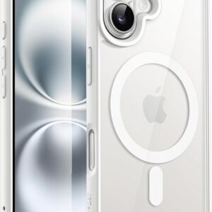 JETech Cover Magnetica per iPhone 16 Plus 6,7 Pollici Compatibile con MagSafe, Antiurto Paraurti Custodia, Solida Colore Opaco TPU Telaio, Anti-Graffio Retro Trasparente (Bianco)