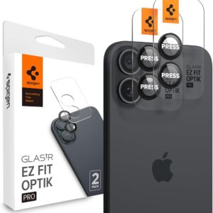 Spigen Glas.tR EZ Fit Optik Pro Protezione Fotocamera compatibile con iPhone 16, iPhone 16 Plus, 2 Pezzi, Nero, Anello Individuale, Durezza 9H Pellicola