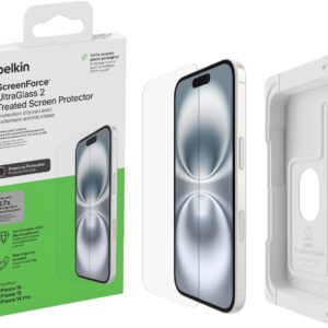 Belkin ScreenForce UltraGlass 2 Pellicola Vetro per iPhone 16, antigraffio, con durezza di 9H, include un supporto di allineamento, senza bolle, pellicola protettiva per iPhone 16, iPhone 15, 14 Pro