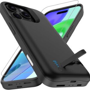 Giabuao Custodia per iPhone 16 Pro, vera 8500 mAh, sottile custodia di ricarica espansa ricaricabile, custodia protettiva portatile con batteria per iPhone 16 Pro, colore nero