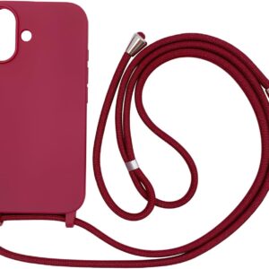 Ququcheng Cover Compatible con iPhone 16(6.1″),Cellulare Girocollo Custodia con Cordino TPU corda Silicone Case Bumper per iPhone 16(6.1″) Custodia-Rosso