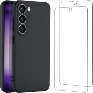 NEW’C Cover per Samsung Galaxy S23 in custodia silicone ultra sottile nero e 2 × vetro temperato per Samsung Galaxy S23 Cristal templado