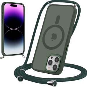 Yoedge Magnetica Cover per iPhone 16 Pro 6,3″ con Cordino, Compatibile con MagSafe, Custodia Traslucida Opaca Hard PC Sottile TPU Antiurto Protettiva Case con Tracolla Laccio Corda Collana, Verde1