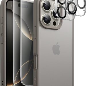 JETech 5 in 1 Cover Opaca per iPhone 16 Pro 6,3 Pollici con 2 Vetro Temperato Pellicola Protettiva e 2 Lente Fotocamera Protezione, Retro Traslucido Antiurto Custodia (Titanio Naturale)