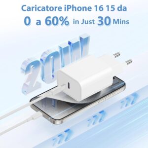 Caricatore iPhone 16 15, 20W Caricabatterie Rapido con 2M Cavo per iPhone 16 Pro Max/16/15 Plus/15 Pro Max, iPad 12.9/11 inch/Air/Mini Tipo C Cavetto Ricarica Apple Originale USB C Carica Batteria