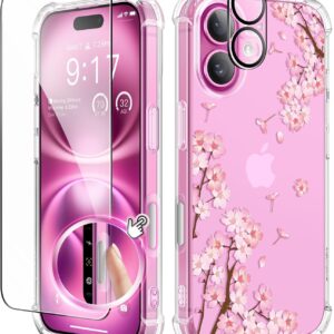 GVIEWIN Compatibile con iPhone 16 Custodia da 6,1”2024 con pellicola protettiva per schermo e Pellicola Protezione Fotocamera, antiurto protezione contro le cadute antigraffio, Sakura/Rosa