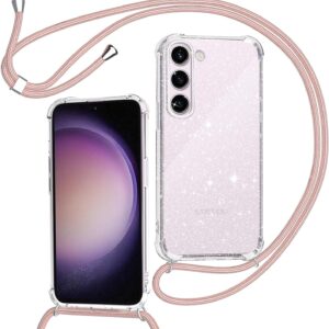 Tikgue Cover per Samsung Galaxy S23 5G, Custodia con Cordino Silicone Glitter Brillantini Trasparente Morbida Cover con Collana Sottile Protettiva Bumper Antiurto TPU Case – oro rosa
