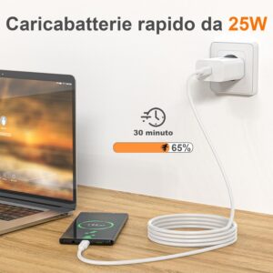 25W Caricabatterie rapido per Samsung Galaxy S24/S23 /Ultra S23+/S23 /S22 /S21/S21 ultra 5g / S20 Ultra/ S20 / S10 /S9 / S8/ A71 / A52 /A51/ A32/ A31 Con 2M Cavo USB Tipo C (Bianco)