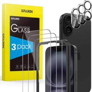 SPARIN Vetro Temperato per iPhone 16 6,1 Pollici con Protezione per Fotocamera, con Strumento di Installazione, Pellicola Prottetiva Anti Graffio, 3+3 Pezzi
