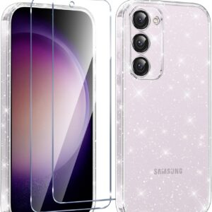 Votvloay Cover Glitter per Samsung Galaxy S23 5G 6,1” con 2 Pellicola Protettiva in Vetro Temperato, Aesthetic Brillantini Antiurto Custodia, Morbido TPU Silicone Case per Samsung S23 5G, Trasparente