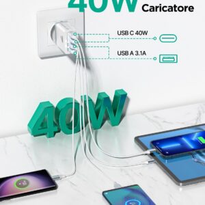 2 Pack Caricatore USB C,40W 4Porte Presa USB Multipla Spina USB Ricarica,Muro Caricabatterie Rapido per Samsung S24 S23 iPhone 16 15 14 13 12 11 Pro Max XS iPad,Carica Rapida Alimentatore Adattatore