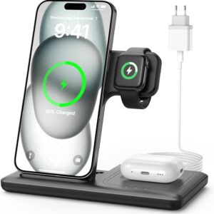 Caricatore Wireless Caricabatterie Magnetico – 3 in 1 Ricarica Base Senza Fili Stazione 15W Replacement for iPhone 16 15 14 13 12 11 Pro Max Plus, Watch Ultra 10 9, Earbuds con 20W Presa e 1M Tiuruku