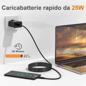 25W Caricabatterie rapido per Samsung Galaxy S24/S23 /Ultra S23+/S23 /S22 /S21/S21 ultra 5g / S20 Ultra/ S20 / S10 /S9 / S8/ A71 / A52 /A51/ A32/ A31 Con 2M Cavo USB Tipo C (Nero)