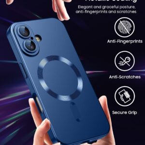 Cover Magnetica per iPhone 16 6,1 Pollici – Compatibile con MagnSafe – Protettore Integrato per Lenti della Fotocamera – Custodia Sottile in silicone morbido con Lustro Metallico – Nero + Blu