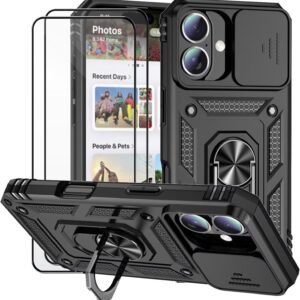 Dechyi Cover per Iphone 16 6.1 Pollici con Vetro Temperato Custodia con Scorrevole Protezione Fotocamera Custodia Rotante Anello Supporto Antiurto TPU Bumper Custodie-Nero
