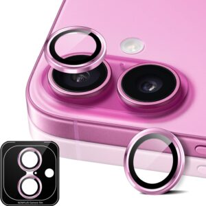 MiRowy Pellicola Fotocamera per iPhone 16/iPhone 16 Plus, 9H Vetro Temperato Copri Anello Individuale in Metallo Cámara Protector, HD Chiaro, Pellicola Protettiva Obiettivo Fotocamera, Rosa