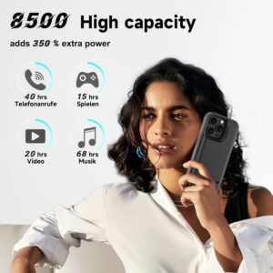 Giabuao Custodia per iPhone 16 Pro, vera 8500 mAh, sottile custodia di ricarica espansa ricaricabile, custodia protettiva portatile con batteria per iPhone 16 Pro, colore nero