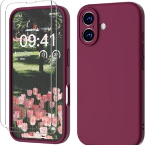 GOODVISH 3 in 1 Silicone Cover per iPhone 16 6.1″, Custodia con 2 Pellicola Vetro Temperato [Protezione Fotocamera] 360° Protezione Anticaduta Case per Cellulare Antiurto Resistente, Vino Rosso
