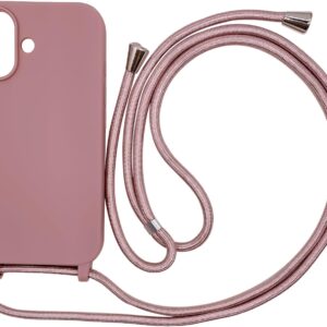 Ququcheng Cover Compatible con iPhone 16(6.1″),Cellulare Girocollo Custodia con Cordino TPU corda Silicone Case Bumper per iPhone 16(6.1″) Custodia-Rosa Oro