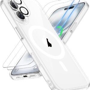 ORETECH Magnetica Cover per iPhone 16 Plus 6,7″ con 2 Vetro Temperato e 1 Vetro Fotocamera, Compatibile con MagSafe, Anti-Graffio Antiurto Ultra Sottile Hard PC Cover-Trasparente