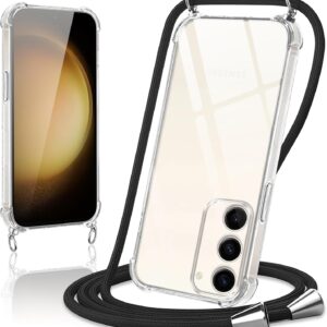 Coiwxmoi Cover per Samsung Galaxy S23 5G con Cordino 6,1″,Trasparente Custodia con Laccio Tracolla Corda Catena Cinghia,Ultra Morbido Silicone TPU Antiurto Case per Samsung S23 5G, Nero