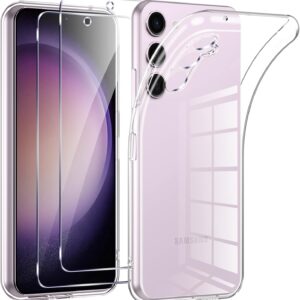 Phoona Cover per Samsung Galaxy S23 Plus 5G Custodia con 2 Pezzi Pellicola Vetro Temperato,Ultra Sottile Trasparente Silicone Protettiva Case per Samsung S23 Plus 5G Sottile Morbida Antiurto Cover
