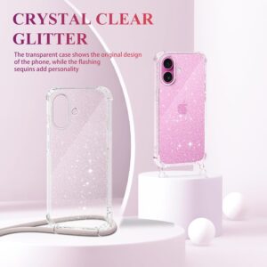 Tikgue Cover per iPhone 16, Custodia con Cordino Silicone Glitter Brillantini Trasparente Morbida Cover con Collana Sottile Protettiva Bumper Antiurto TPU Case – oro rosa