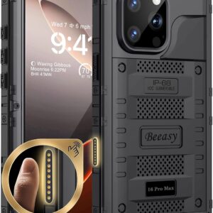 Beeasy Cover per iPhone 16 Pro Max IP68 Impermeabile,360 Antiurto Militare Rugged Armor,Resistente Indistruttibile Metallo Custodia,Subacquea Protezione Case per iPhone 16 Pro Max,Nero