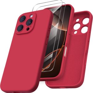 ORNARTO Cover per iPhone 16 Pro Silicone 6.3 Pollici, con 2 Pellicola Vetro Temperato, Morbido Silicone Liquido Protezione, Antiurto Ultra-Sottile Protezione Custodia iPhone 16 Pro-Rosso