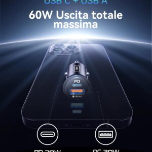 INIU Carica Batteria per Auto, 60W Total Presa Accendisigari USB C PD & QC 3.0 Fast Charging Caricabatterie, Caricatore Auto Compatibile con iPhone 16 15 14 13 12 Pro Max iPad Samsung S23 Tablet etc.