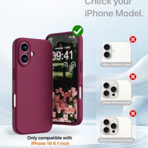 GOODVISH 3 in 1 Silicone Cover per iPhone 16 6.1″, Custodia con 2 Pellicola Vetro Temperato [Protezione Fotocamera] 360° Protezione Anticaduta Case per Cellulare Antiurto Resistente, Vino Rosso