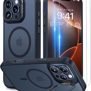 Beeasy Cover Magnetica per iPhone 16 Pro Max con Cavalletto,Custodia con 2 Pezzi Pellicola Vetro Temperato,Compatibile con Magsafe Militare Antiurto Sottile Protettiva Case,Traslucida Opaca Nero