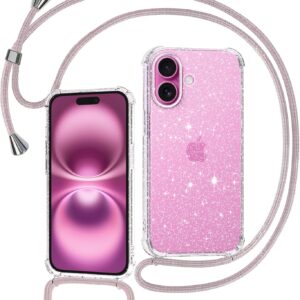Tikgue Cover per iPhone 16, Custodia con Cordino Silicone Glitter Brillantini Trasparente Morbida Cover con Collana Sottile Protettiva Bumper Antiurto TPU Case – oro rosa