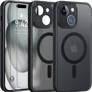 FLLAO Cover Magnetica per iPhone 15 Custodia e 2 Pellicole in Vetro Temperato, Cover iPhone 15 Compatibile con Magsafe, Custodia Traslucida Opaca Posteriore Sottile Antiurto Protettiva Case, Nero